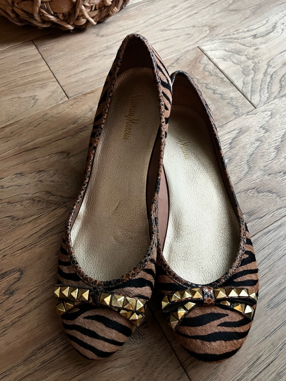 Neiman Marcus Tiger-Print Studded Ballet Flats in Brown and Black